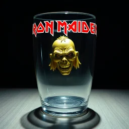 make an album cover of Eddie from the Iron Maiden hardrock band, he is trapped inside a transparent empty glass