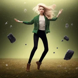 blonde hair, green pullover, black pants, woman falling through glass shards, pan in the hand, brown shoes, windy