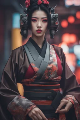 ((Lost suit)),((lost clothes)),Ultra realistic photo beautiful cyberpunk geisha woman , futuristic style, HOF, captured with professional DSLR camera, 64k, ultra detailed,