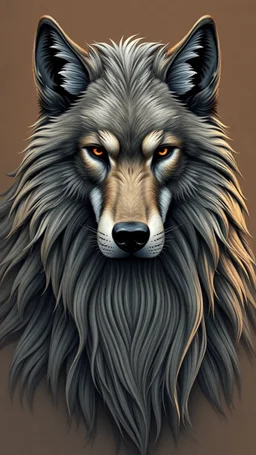 A wolf with human look face and long hair and beard looks like an ancient Sumerian gods