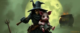 bad ninja witch wolf carrying a lovely scared wtf are you up to, pig girl with dress under his arms, big cauldron in the background in the style of fallout 4