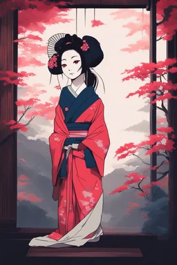 Geisha, lofi, studio ghibli style, high contrast