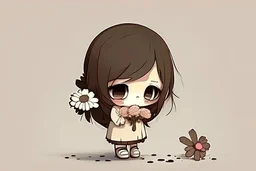 cute sad lonely chibi girl holding a sad flower