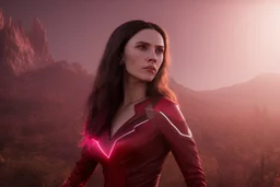 Wanda Maximoff, feiticeira escarlate usando traje vermelho de vestido, destruindo a realidade, governando o mundo, destruição, 4k render, dramático, cinematográfico, poderes destruindo tudo, expressão brava