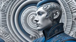 a pale scandinavian man in a swirl of three patterns, in the style of cybernetic sci-fi, intricately sculpted, serene face, futuristic victorian, exquisite realism, dark white and blue, fantasy art, perfect face, perfect eyes, perfect nose, show chest