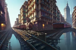 Close up Train head+Elevated Train pass+trains+ corner building on sea+riomaggiore+genoa street+turin+Italian medieval town+Italian city+alphonse mucha, greg rutkowski,matte painting, cryengine, hyper detailed, felix kelly, fantasy art, seb mckinnon