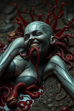 Tank girl, lying pose, his skin turned translucent revealing a network of black veins that extended like roots beneath her epidermis,smiling meanwhile many worms streaming from his mouth, latex suit, highly detailed, fullbody, splashes blood, behind guts rising from the ground, macro photography by <Junji Ito>, darkred tones,