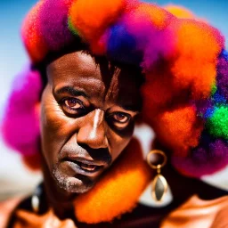 masterpiece, best quality, old man, dark skinned, sparkling eyes, fluorescent skin, colorful makeup, afro, head shot, highly detailed body, sun light, 4K, RAW, depth of field, high contrast, realistic details, 24mm