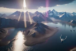 Extreme long shot, Birds Eye view, Alaska skyline, smooth, god rays, unreal engine 5, ray tracing, RTX, lumen lighting, ultra detail, volumetric lighting