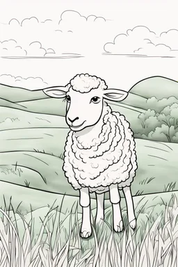 coloring page, sheep in a grassy meadow, cartoon style, thick lines, low detail, no shading