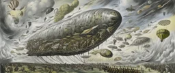 A light gray sky with airships in a tornado painted by Jackson Pollock