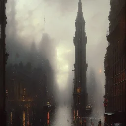Skyline,Piccadilly, Gotham city ,Neogothic architecture,trieste by Jeremy mann, point perspective,intricate detail, Jean Baptiste Monge