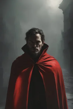 a picture of a man facing east in the shadows with a red cape