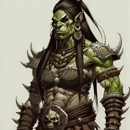 female fantasy orc from dungeons and dragons, very big and muscular, with tribal tattoo, character design