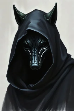 Fantasy cultist with simple black wolf mask with a white colored line painted over the mask's right eye and black cloak in an airbrush painting art style