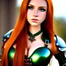 realistic, hyper detailed, stunningly beautiful 16 year old teen girl, long ginger hair, green eyes, medium freckles, full lips, revealing leather armour, full body and head, exposed c-cup breasts, stern expression, full frame, petite, ignore NSFW, shortbow, quiver on hip, sexy