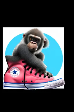 a profile picture of a small gorilla sitting in a blue Converse sneaker, like it's a car, comic style