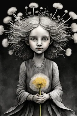 pencil and charcoal sketch of a cute happy little dandelion fairy girl, Mucha inspired emotional nature ephemeral sculptures of Andy Goldsworthy, tiny human form, essence captured as if created by surrealist photographer Noel S Osvald rendered in bright ombre colors, mixed with influences by John Bauer and Tim Burton, faded dark grey background, minimalistic art, with details that reflect advanced rendering techniques that push the drawing's realism even further Modifiers: trending on Artstation