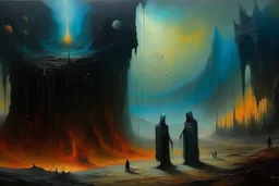 oil painting in the style of Dariusz Zawadzki, William Turner, Hieronymus Bosch, Giger, Beksiński, Alexander Kozhanov: wrath. dystopic dark enviroment. colors run partially, oil paints on canvas. dramatic painting effects, fine crackles, mystic dark mood. horror, science fiction, depression. postapocalypse. nebular.