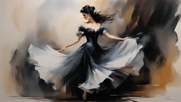 Minimalist ethereal Anne Bachelier Giovani Boldini Art Nouveau style acrylic and oil watercolor sketch beautiful Spanish Flamenco dancer El Amor Brujo in a dark but elegant place Andalucia