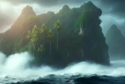 epic matte painting of misty tropical jungle island on stormy ocean, very lush, organic, vines, realistic shaded volumetric lighting, volumetric clouds, ecosystem, ancient, reflective water, intricate, fires, volumetric waves & smoke, randomly placed ground fog, spume, small minutiae, detailed roots, spindrift, tiny features, flowers, ripples, particulars, sharp lines, digital art, 8k, uhd, perspective ground level camera view, ambient occlusion, sunlight caustics, colorful, design by sam curry