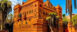 A golden orange colored citadel covered in spikes designed in ancient Egyptian hieroglyphics painted by Diego Rivera
