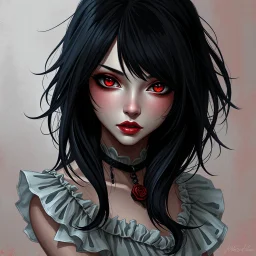 a pretty girl, 14 years old, black hair, vampire, red eyes, realism, stylised, fantasy, mystery