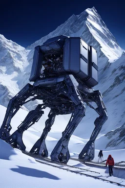 a sleek mechanical walker with eight legs scaling a very steep snow covered side of mout everest at night, it has a smooth surface, it has storage pods on its belly and humans can fit in the pods