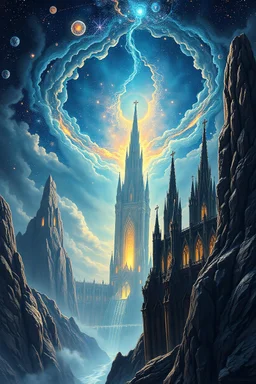 a colossal cathedral grown from black crystal, perched on the edge of a gravity rift, glowing constellations orbit its spires, the sky torn open by celestial storms, oil-painted cosmic horror, surreal landscape