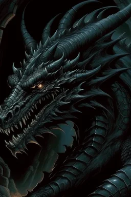 90s dark fantasy art, black dragon