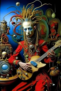 photo by tim walker : loan-blend human-alien biomorphic-animals squid indefinite head extreme wide shot head to toe portrait of weird krofft pufnstuff puppet voodoo cutie sitar player king human nervous systems, renaissance faire alex grey hyper detailed michael cheval with a playful expression made out of mechanical parts and robot arms; cyborg details, unusual and obscure photograph by františek vobecký of a surreal scene of ghastly men, pop art, clive barker style, 300mm f/.8, raw cinematic p