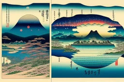 create an image in the style of hiroshige 100 viewss, where the picture is broken into 100 smaller images, but the views are of the earth