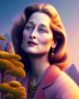 beautiful illustration of a young plum merryl streep, julianne morre, in the mountains, in the style viktor klint and moebius, rim light, vibrant moody colors, plain background, soft lighting, unreal engine