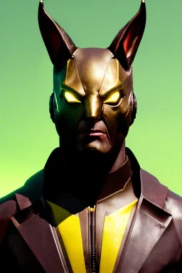 Medium Close Up Portrait, Front image. cyberpunk, rabbit mask helmet, strong man, titanium hair. Latex suit. Brown, yellow, color. Wolverine style. Color background, photo studio. Avatar image, highly detailed, concept art, smooth, unreal engine 5, ray tracing, RTX, lumen lighting, ultra detail, volumetric lighting, 3d, finely drawn, high definition, high resolution.