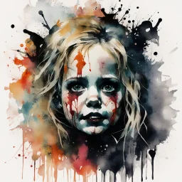 watercolor and ink illustration of portrait of scream queen Sherri Moon Zombie as Baby Firefly, by Russ Mills, dynamic composition, oddball masterpiece, sfumato, complex contrast, dark background, ink splatter