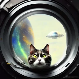 hyper-realistic spaceship interior with a cat looking through porthole at milkyway, floating astronaut in suit behind cat, 8k resolution, high-quality, fine-detail, detailed matte, intricate, 3D octane render, illustration, digital art, brian froud, howard lyon, anna dittman, greg rutowski,