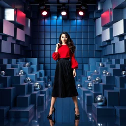 make a picture pretty stage made of metallic blue-gray teme 3d recursive cubic and sphere and cylinder base structures and a beautiful fashion model lady posing with cute in black and white and the scene is in color,with dark red top and pretty pleated midi skirt ,makeup curvy long hair,dynamic camera zoom to full body and pan, dynamic lights.