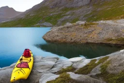 highly detailed glacial lake landscape, sunset, cinematic lighting, 4k, 8k, octane render, popular on 500px, pinterest, extremely detailed, ambient lighting, single frame, small fiberglass yellow solo narrow symmetrical sea kayak on rock pebble beach in foreground, norway, iceland, fjord