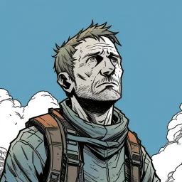 man, ethan hawk, looking at the sky, looking serious, comic book, post-apocalypse, grey background, illustration,