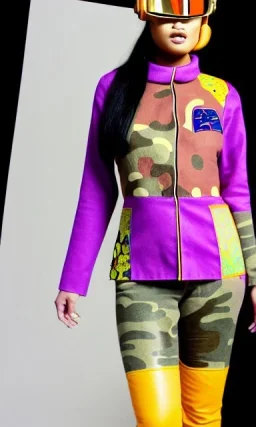 Asa akira as model. Camouflage colors are terracotta, cream and purple, lilac and Cream latex, imperial yellow, red plum. Printed Dots, plants.European daft punk woman. Mantle is sewed of recycled Denim and sewed together of recycled polymer felt. lace, Yellow(Munsell) areas. hint of orange as effect color!!Big bright purple/khaki felt tippet and cream or blue or lilac colored-hood. mantle is merged with satchel. . AKG-style headphones (gold rings!) is merged with felt cap, cyan small visor.