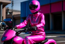 Hyperrealistisch stämmige, üppige Frau völlig verhüllt von pinkfarben glänzendem Zentai mit geschlossenem Visier in pinkfarbenem, geschlossenem Helm fährt pinkfarbenen Elektro Scooter