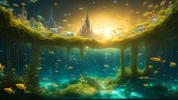 A floating city made of glass and vines, suspended over a sea of liquid gold, with bioluminescent fish swimming in the air, 8k, high quality, trending art, trending on artstation, sharp focus, studio photo, intricate details, highly detailed, beautiful composition, chiaroscuro