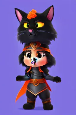 cat 2d, knight, ninja, black fur,full body, orange torn coat,game character, strong, anime, chibi