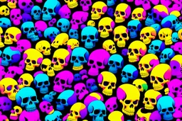 a field of 1000s of cartoonish, anatomically correct, skulls, vivid RANDOM BRIGHT neon colors, dark comedy, well lit, high detail, photorealistic, horrorcore, fun, scary, none featured, each a different color or hue,