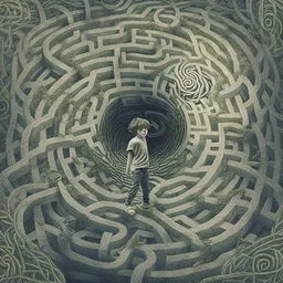 A spiral-shaped labyrinth with intertwined vines and a boy traped in it, representing the initial fascination with drugs