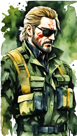 Masterpiece painting of The Boss from Metal Gear Solid 3: Snake Eater, watercolor style, ultra detailed character, simple background, Professional Quality watercolor painting, full body shot, vibrant colors.