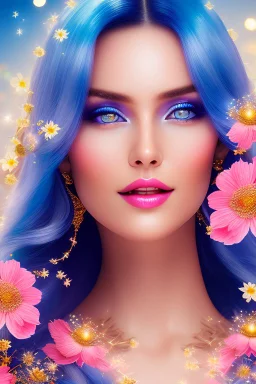 Beautyful smiling young woman, long hair amazing blue eyes, flowers, happy cosmic, bright colors, blue, pink, gold, jewels, realistic, photo real, clear sunny background, highly detailed, high contrast, 8k high definition, unreal engine 5, extremely sharp detail, light effect, sunny light backgroundgold, jewels, realistic, photo real, clear sunny background, highly detailed, high contrast, 8k h