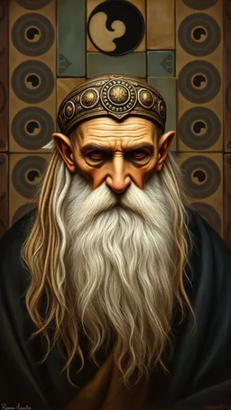 master oil painting by Rembrandt, realistic rendering Portrait of the Apkallu sage who were sent by the god Ea to teach civilization to humanity before the flood. They were depicted as half-human and half-fish or bird, and were associated with wisdom, magic, and culture. blurred tile yin yang pattern background, brightened edges to give a sense of depth