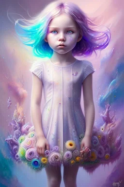 a little girl,sumetric eyes, purple hair, colorful, watercolor splash, white dress, rainbow flowers, in the style of Camilla d'Errico, hyper detailed, beautiful, complex, trending on artstation, cryengine, national geographic photo, chiaroscuro