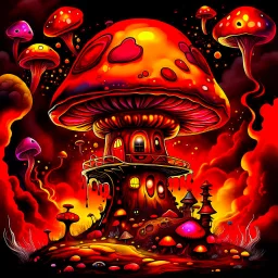 A fantabulous black, red, and yellow (((mushroom tower house))) erected atop a (geologic pillar), surrounded by the uncanny imaginative ((( swirling skies))), offset by the stark hues of a (neon-tinged nebulous space scape), within. captured by the hand a skilled master painter with a focus on (softly blurred compositions and voluminous lighting).